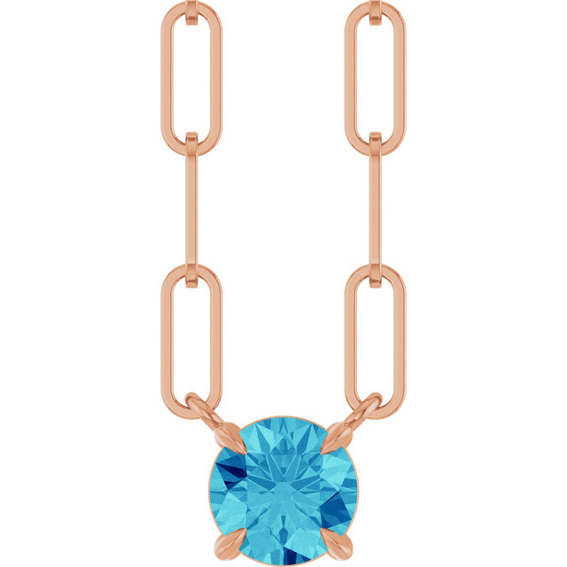 14K Gold Round Natural Blue Zircon Solitaire Claw-Prong Necklace - Rose Gold