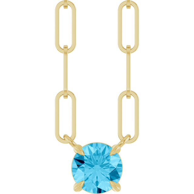 14K Gold Round Natural Aquamarine Solitaire Claw-Prong Necklace - Yellow Gold
