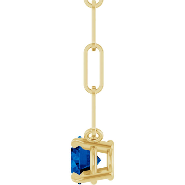 14K Gold Round Lab-Grown Blue Sapphire Solitaire Claw-Prong Necklace - Yellow Gold - view 3