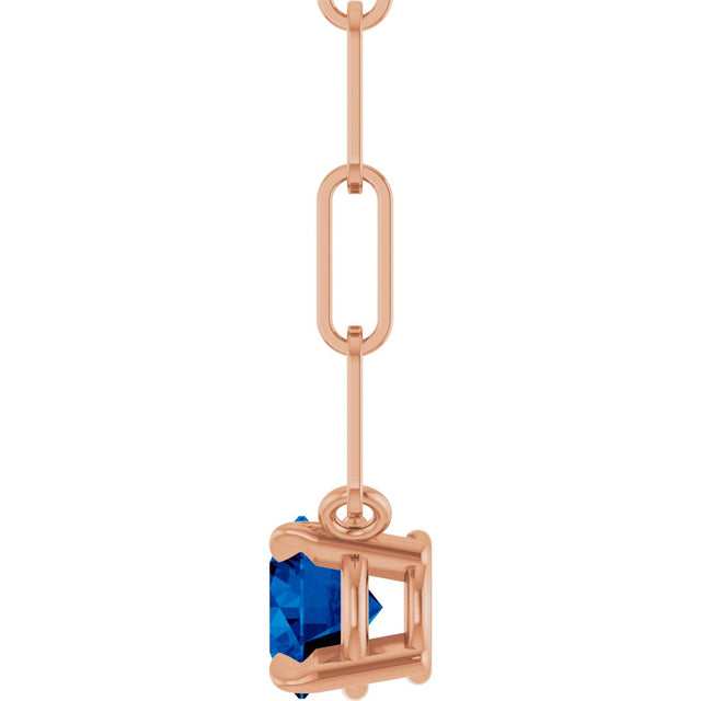 14K Gold Round Lab-Grown Blue Sapphire Solitaire Claw-Prong Necklace - Rose Gold - view 3