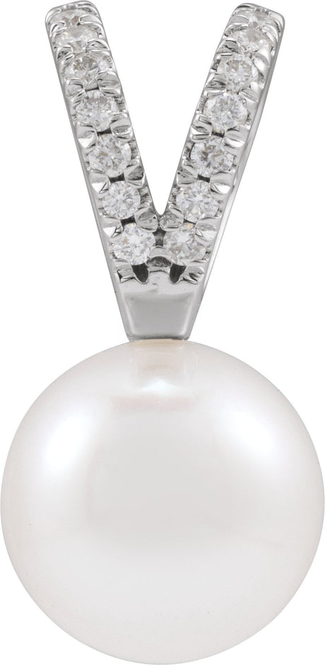 14K Gold Cultured White Akoya Pearl & Natural Diamond Accented Pearl Pendant – 5-8mm Stones - White Gold