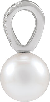14K Gold Cultured White Akoya Pearl & Natural Diamond Accented Pearl Pendant – 5-8mm Stones - White Gold - view 2