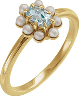 14K Gold Oval Natural Sky Blue Topaz & Cultured White Seed Pearl Halo-Style Pearl Ring - Yellow Gold