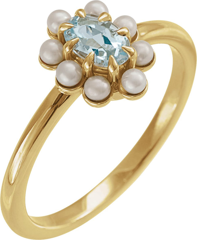 14K Gold Oval Natural Sky Blue Topaz & Cultured White Seed Pearl Halo-Style Pearl Ring - Yellow Gold