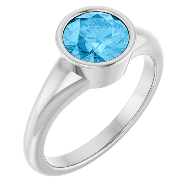 14K Gold Round Natural Swiss Blue Topaz Bezel-Set Solitaire Ring - White Gold