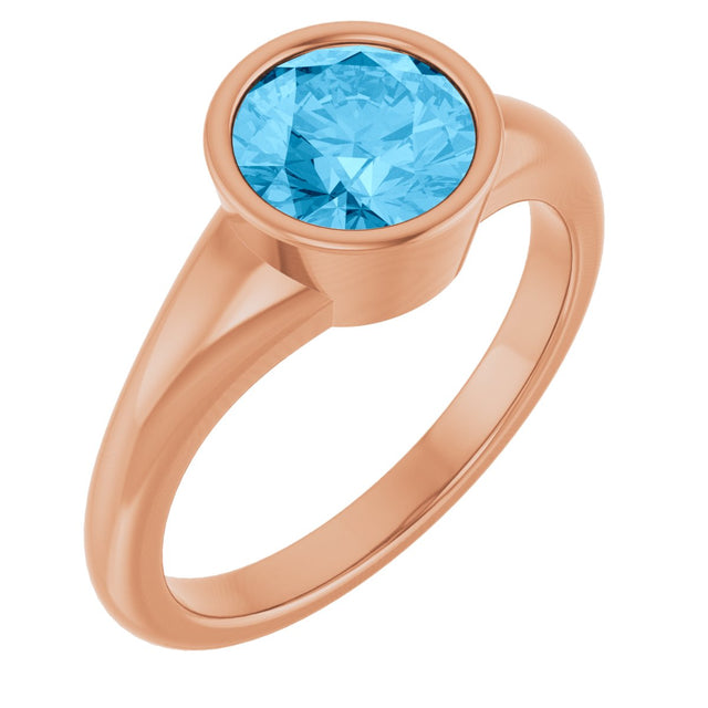 14K Gold Round Natural Swiss Blue Topaz Bezel-Set Solitaire Ring - Rose Gold