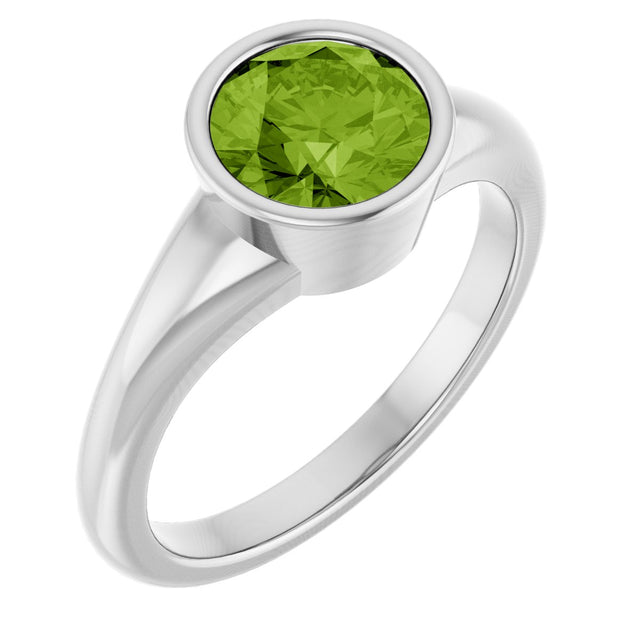 Platinum Round Natural Peridot Bezel-Set Solitaire Ring – 7mm Stones