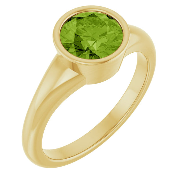 14K Gold Round Natural Peridot Bezel-Set Solitaire Ring – 7mm Stones - Yellow Gold