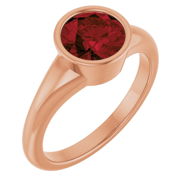 14K Gold Round Natural Mozambique Garnet Bezel-Set Solitaire Ring – 7mm Stones - Rose Gold