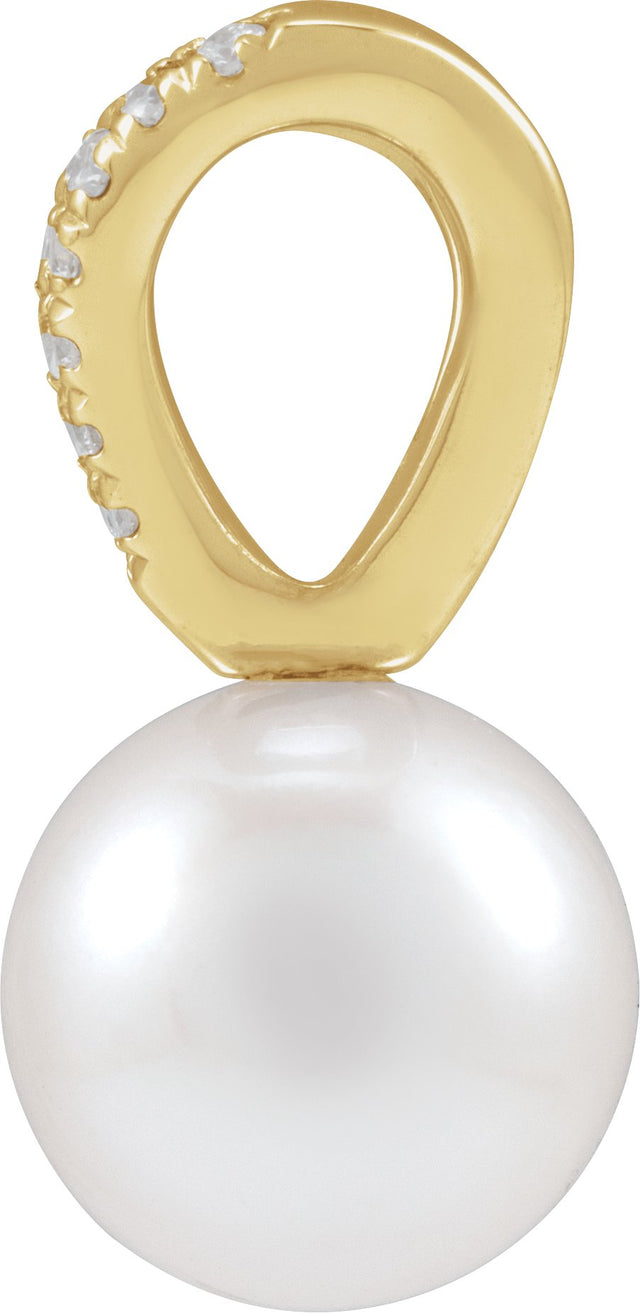 14K Gold Cultured White Akoya Pearl & Natural Diamond Accented Pearl Pendant – 5-8mm Stones - Yellow Gold - view 2