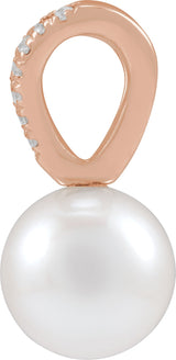 14K Gold Cultured White Akoya Pearl & Natural Diamond Accented Pearl Pendant – 5-8mm Stones - Rose Gold - view 2
