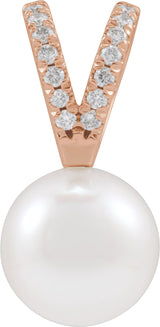14K Gold Cultured White Akoya Pearl & Natural Diamond Accented Pearl Pendant – 5-8mm Stones - Rose Gold