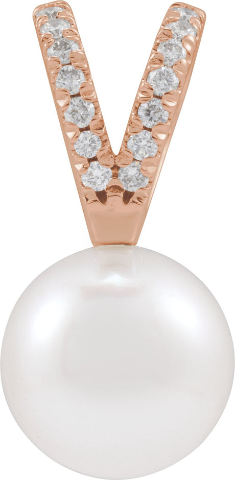 14K Gold Cultured White Akoya Pearl & Natural Diamond Accented Pearl Pendant – 5-8mm Stones - Rose Gold