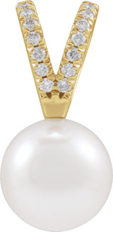 14K Gold Cultured White Akoya Pearl & Natural Diamond Accented Pearl Pendant – 5-8mm Stones - Yellow Gold