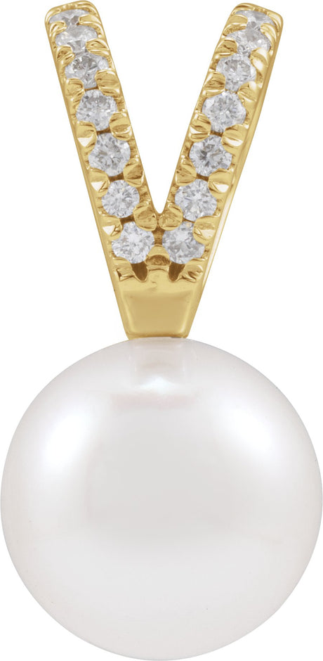 14K Gold Cultured White Akoya Pearl & Natural Diamond Accented Pearl Pendant – 5-8mm Stones - Yellow Gold