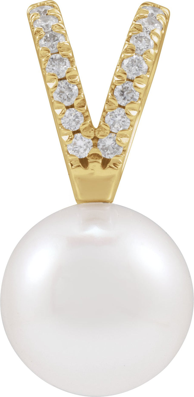 14K Gold Cultured White Akoya Pearl & Natural Diamond Accented Pearl Pendant – 5-8mm Stones - Yellow Gold