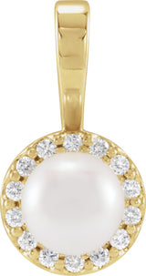 14K Gold Cultured White Akoya Pearl & Natural Diamond Halo-Style Pearl Pendant – 4.5-7.5mm Stones - Yellow Gold