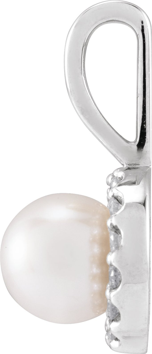 14K Gold Cultured White Akoya Pearl & Natural Diamond Halo-Style Pearl Pendant – 4.5-7.5mm Stones - White Gold - view 2
