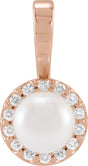 14K Gold Cultured White Akoya Pearl & Natural Diamond Halo-Style Pearl Pendant – 4.5-7.5mm Stones - Rose Gold