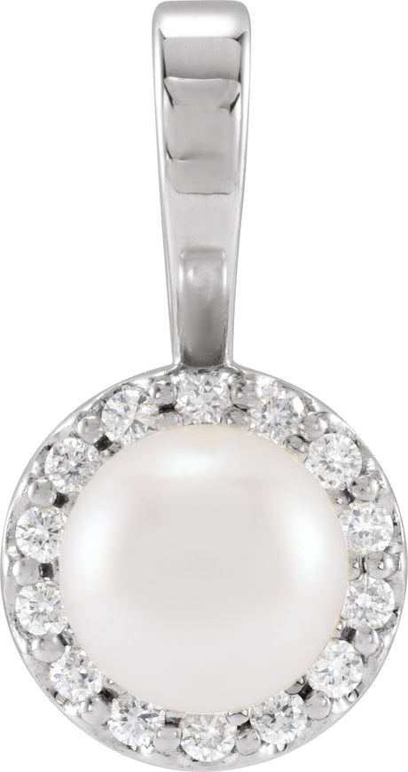 14K Gold Cultured White Akoya Pearl & Natural Diamond Halo-Style Pearl Pendant – 4.5-7.5mm Stones - White Gold