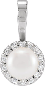 Platinum Cultured White Akoya Pearl & Natural Diamond Halo-Style Pearl Pendant – 4.5-7.5mm Stones