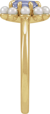 14K Gold Oval Natural Tanzanite & Cultured White Seed Pearl Halo-Style Pearl Ring - Yellow Gold - view 3