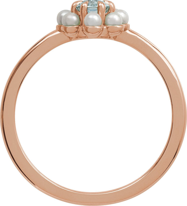 14K Gold Oval Natural Sky Blue Topaz & Cultured White Seed Pearl Halo-Style Pearl Ring - Rose Gold - view 2