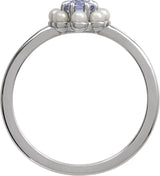 Platinum Oval Natural Tanzanite & Cultured White Seed Pearl Halo-Style Pearl Ring - view 2
