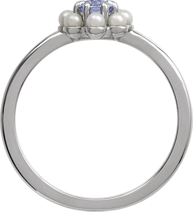 14K Gold Oval Natural Tanzanite & Cultured White Seed Pearl Halo-Style Pearl Ring - White Gold - view 2
