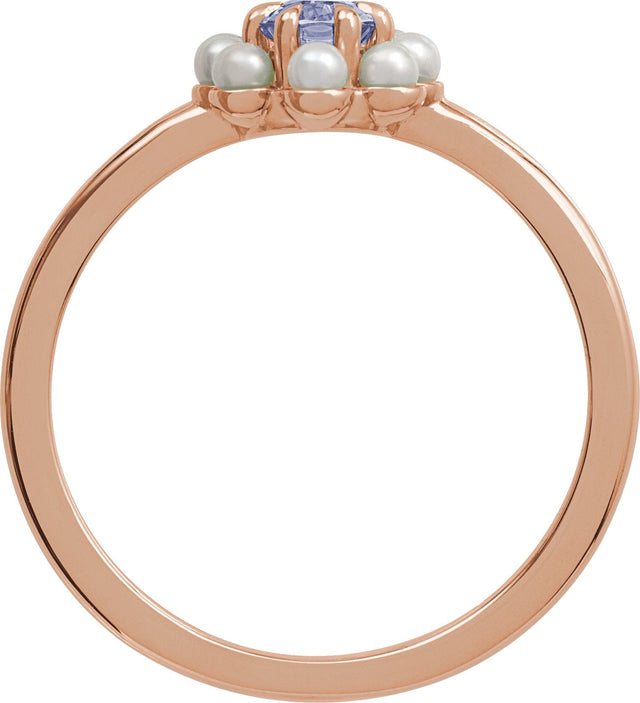 14K Gold Oval Natural Tanzanite & Cultured White Seed Pearl Halo-Style Pearl Ring - Rose Gold - view 2