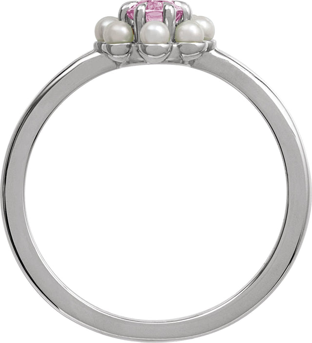 Platinum Oval Natural Pink Tourmaline & Cultured White Seed Pearl Halo-Style Pearl Ring - view 2