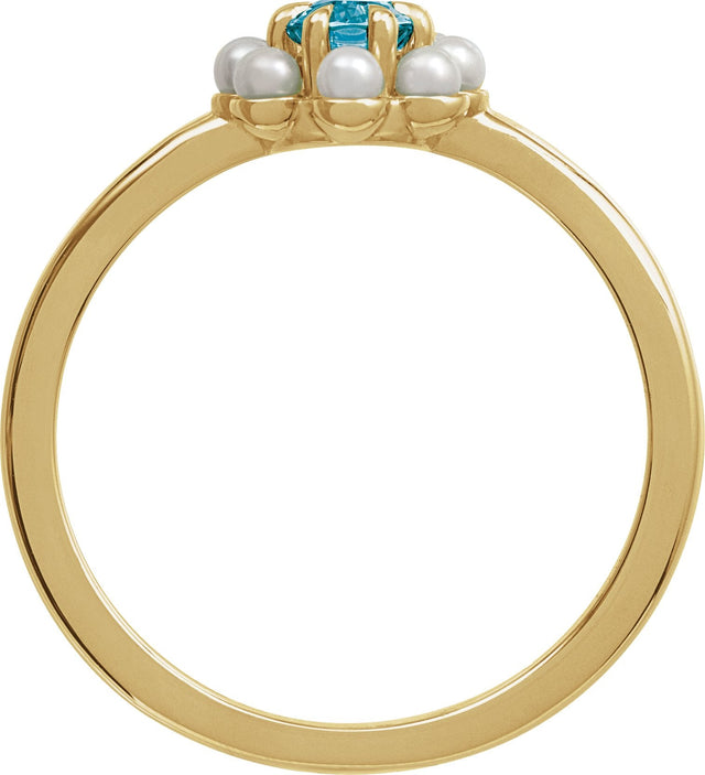 14K Gold Oval Natural London Blue Topaz & Cultured White Seed Pearl Halo-Style Pearl Ring - Yellow Gold - view 2