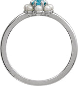 Platinum Oval Natural London Blue Topaz & Cultured White Seed Pearl Halo-Style Pearl Ring - view 2
