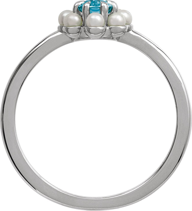 Platinum Oval Natural London Blue Topaz & Cultured White Seed Pearl Halo-Style Pearl Ring - view 2