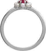 Platinum Oval Natural Rhodolite Garnet & Cultured White Seed Pearl Halo-Style Pearl Ring - view 2
