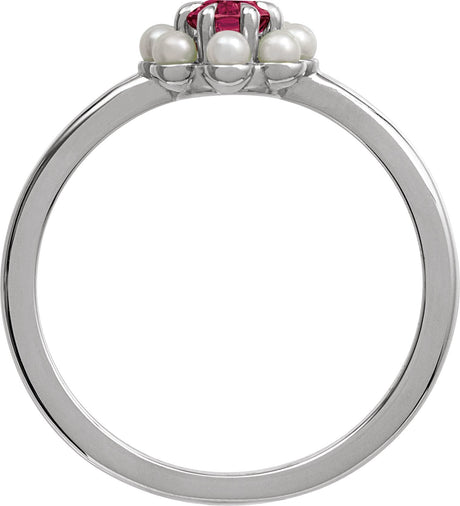 Platinum Oval Natural Rhodolite Garnet & Cultured White Seed Pearl Halo-Style Pearl Ring - view 2
