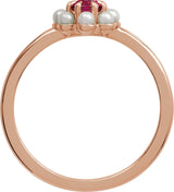 14K Gold Oval Natural Rhodolite Garnet & Cultured White Seed Pearl Halo-Style Pearl Ring - Rose Gold - view 2