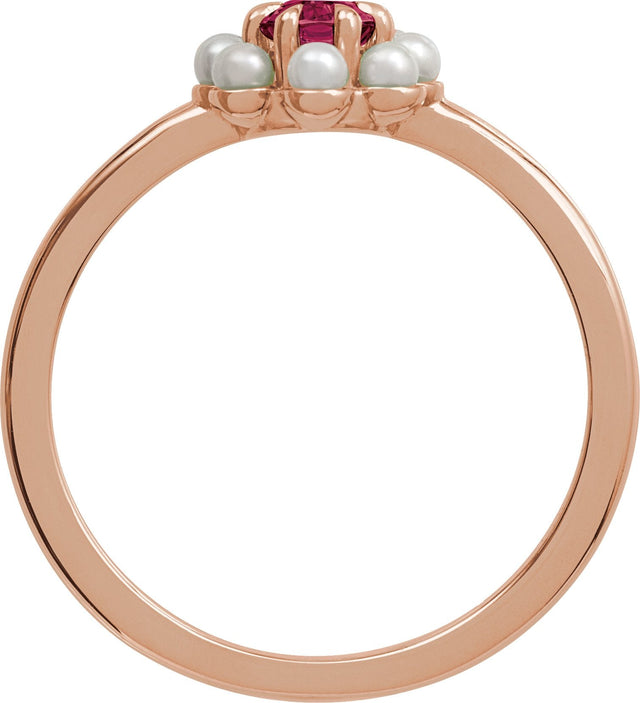 14K Gold Oval Natural Rhodolite Garnet & Cultured White Seed Pearl Halo-Style Pearl Ring - Rose Gold - view 2