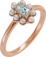 14K Gold Oval Natural Sky Blue Topaz & Cultured White Seed Pearl Halo-Style Pearl Ring - Rose Gold
