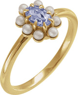 14K Gold Oval Natural Tanzanite & Cultured White Seed Pearl Halo-Style Pearl Ring - Yellow Gold