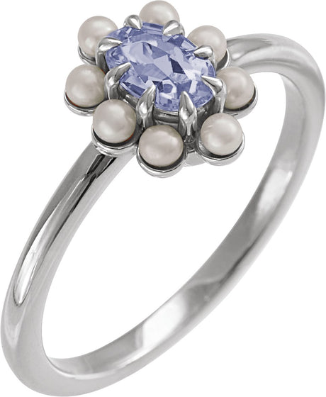 Platinum Oval Natural Tanzanite & Cultured White Seed Pearl Halo-Style Pearl Ring