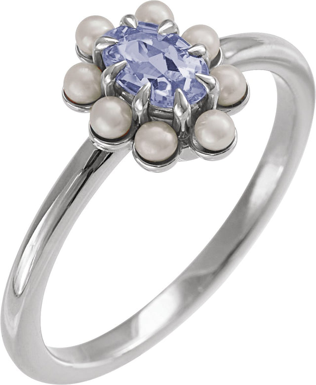 Platinum Oval Natural Tanzanite & Cultured White Seed Pearl Halo-Style Pearl Ring