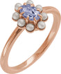 14K Gold Oval Natural Tanzanite & Cultured White Seed Pearl Halo-Style Pearl Ring - Rose Gold