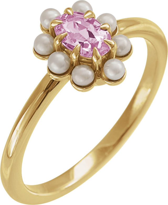 14K Gold Oval Natural Pink Tourmaline & Cultured White Seed Pearl Halo-Style Pearl Ring - Yellow Gold
