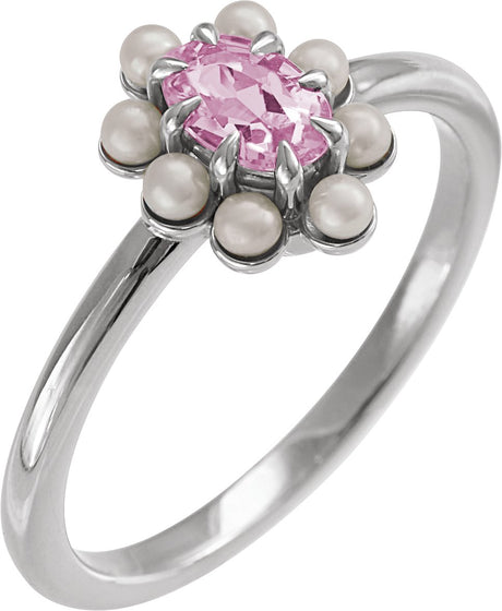14K Gold Oval Natural Pink Tourmaline & Cultured White Seed Pearl Halo-Style Pearl Ring - White Gold