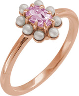 14K Gold Oval Natural Pink Tourmaline & Cultured White Seed Pearl Halo-Style Pearl Ring - Rose Gold