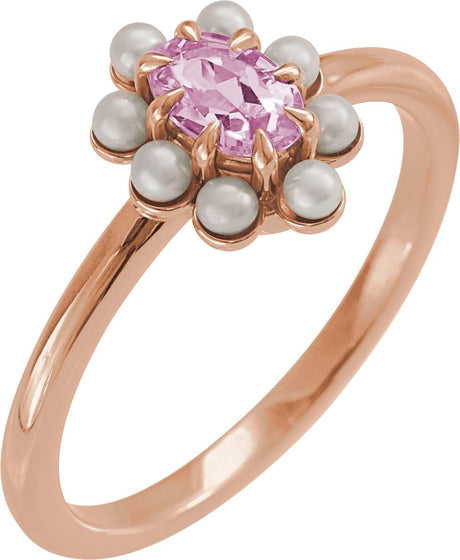 14K Gold Oval Natural Pink Tourmaline & Cultured White Seed Pearl Halo-Style Pearl Ring - Rose Gold
