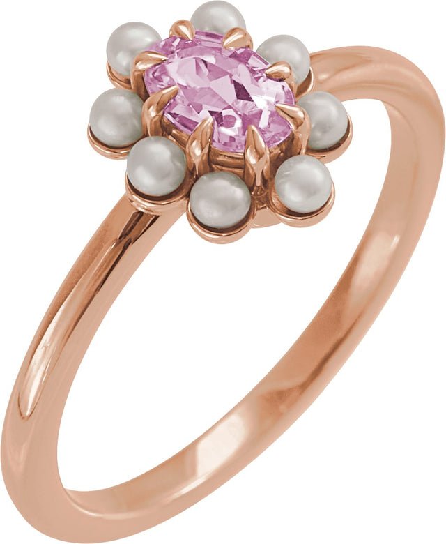 14K Gold Oval Natural Pink Tourmaline & Cultured White Seed Pearl Halo-Style Pearl Ring - Rose Gold