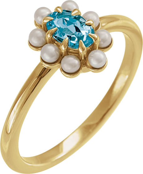 14K Gold Oval Natural London Blue Topaz & Cultured White Seed Pearl Halo-Style Pearl Ring - Yellow Gold