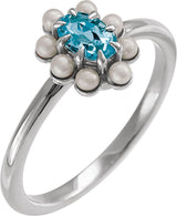 Platinum Oval Natural London Blue Topaz & Cultured White Seed Pearl Halo-Style Pearl Ring